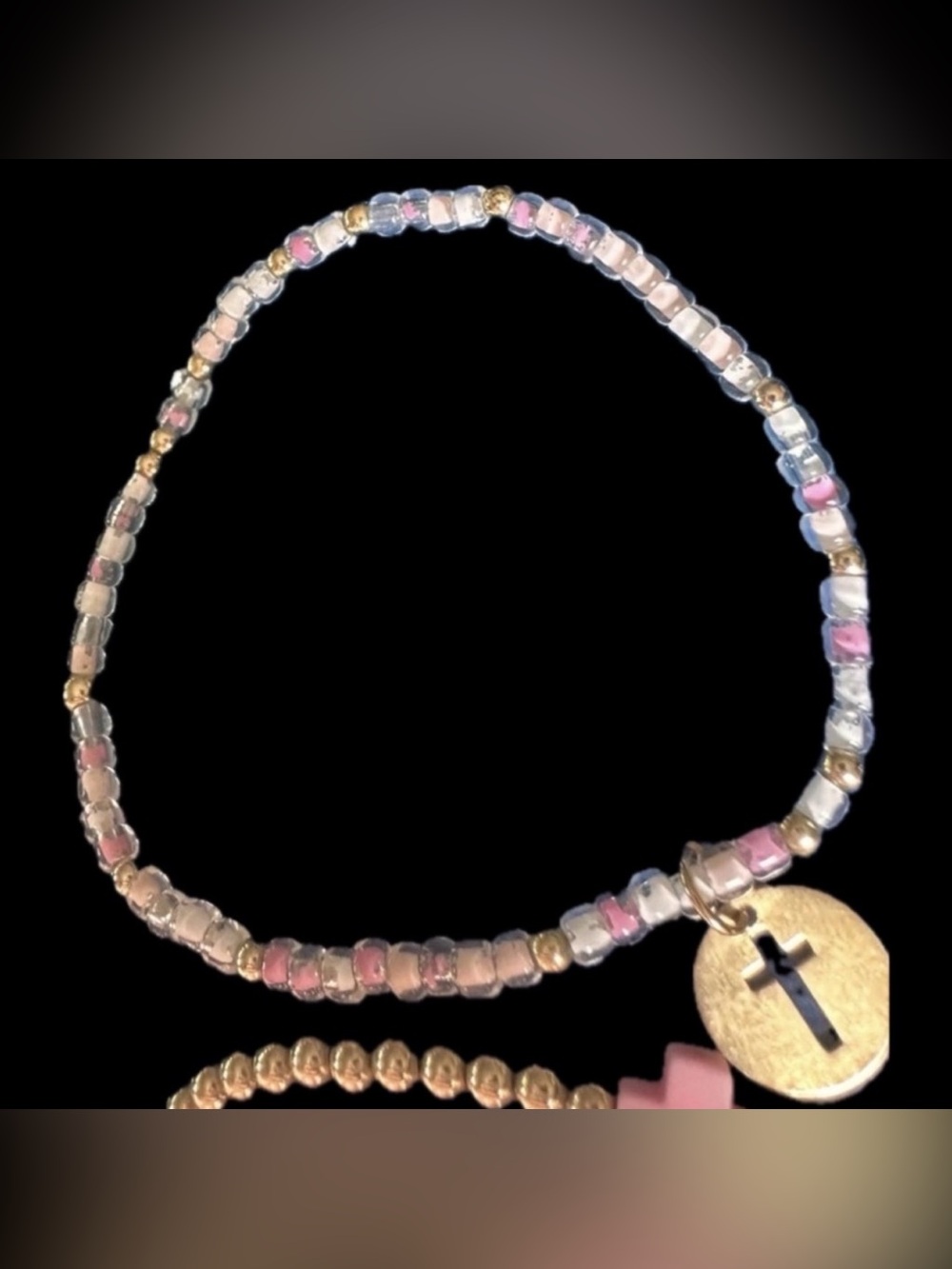Beaded Blondes 14k gold filled cross charm Women's Bracelet Pink & Multicolor